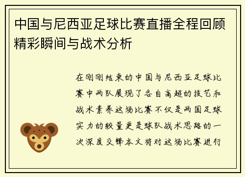 中国与尼西亚足球比赛直播全程回顾精彩瞬间与战术分析