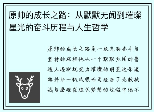 原帅的成长之路：从默默无闻到璀璨星光的奋斗历程与人生哲学