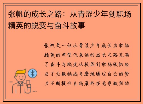 张帆的成长之路：从青涩少年到职场精英的蜕变与奋斗故事