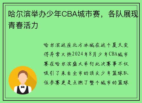 哈尔滨举办少年CBA城市赛，各队展现青春活力