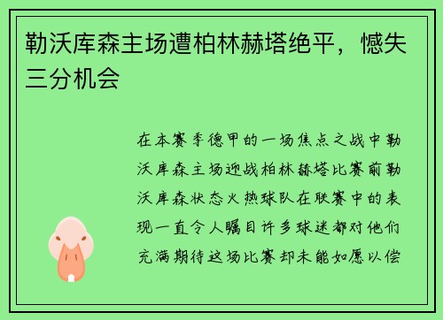 勒沃库森主场遭柏林赫塔绝平，憾失三分机会