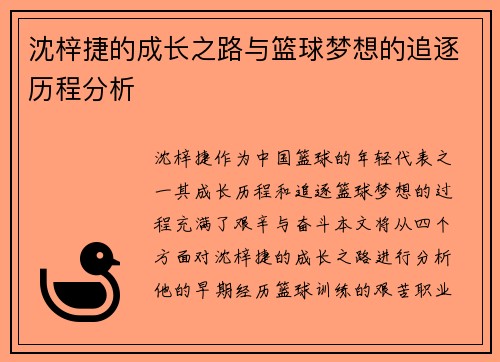 沈梓捷的成长之路与篮球梦想的追逐历程分析