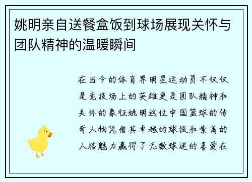 姚明亲自送餐盒饭到球场展现关怀与团队精神的温暖瞬间