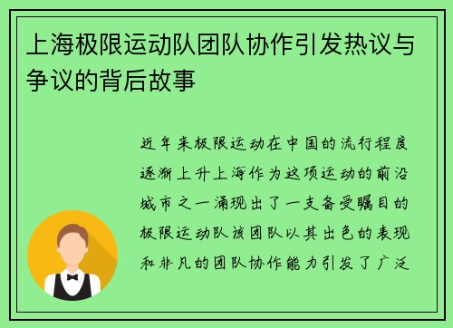 上海极限运动队团队协作引发热议与争议的背后故事