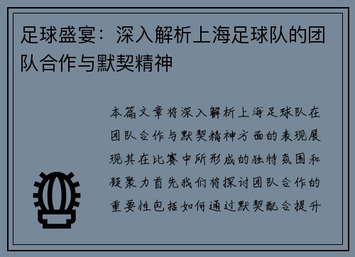 足球盛宴：深入解析上海足球队的团队合作与默契精神